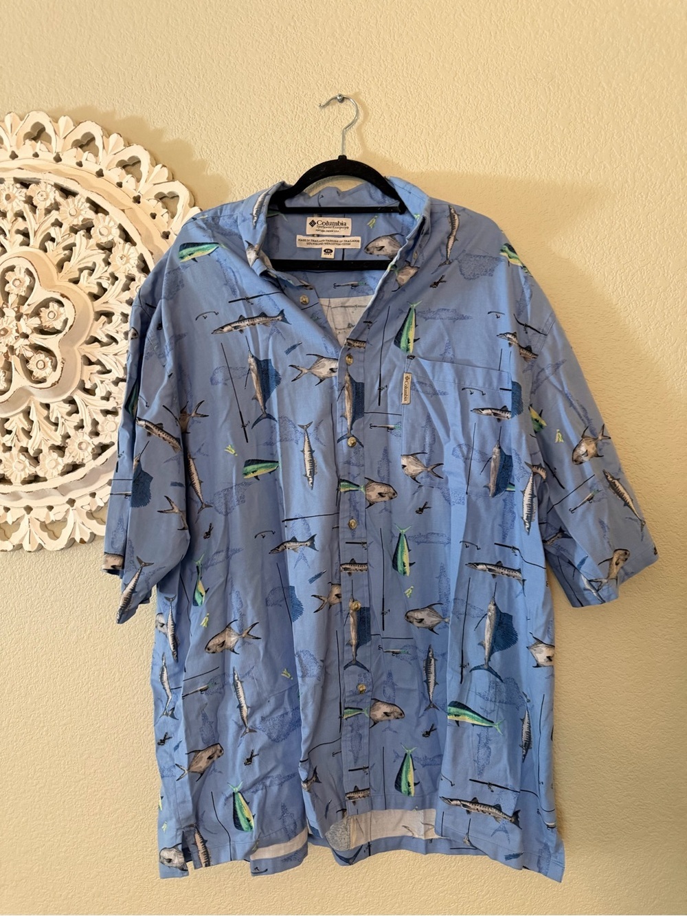 Columbia Light Blue Short-Sleeve Fishing Print Shirt with Green Accents